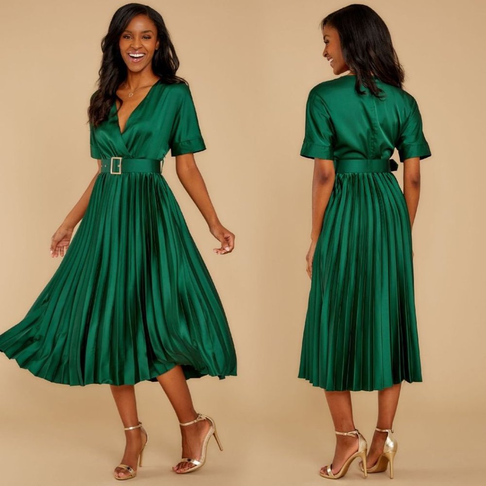 Alpha and Omega Hunter Green Silk Pleated Midi Dress Large